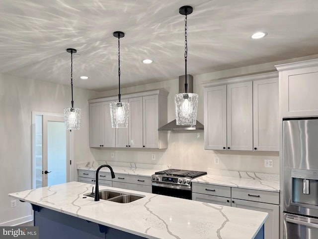 4035 Tamaron Ct, Brandywine, MD 20613 - kitchen with appliances with stainless steel finishes, a sink, wall chimney exhaust hood, hanging light fixtures, and light stone counters