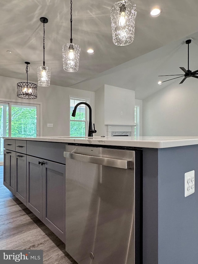 4035 Tamaron Ct, Brandywine, MD 20613 - kitchen featuring dishwasher, gray cabinets, light wood-style flooring, recessed lighting, and light countertops