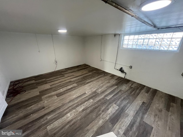 basement with dark hardwood / wood-style floors