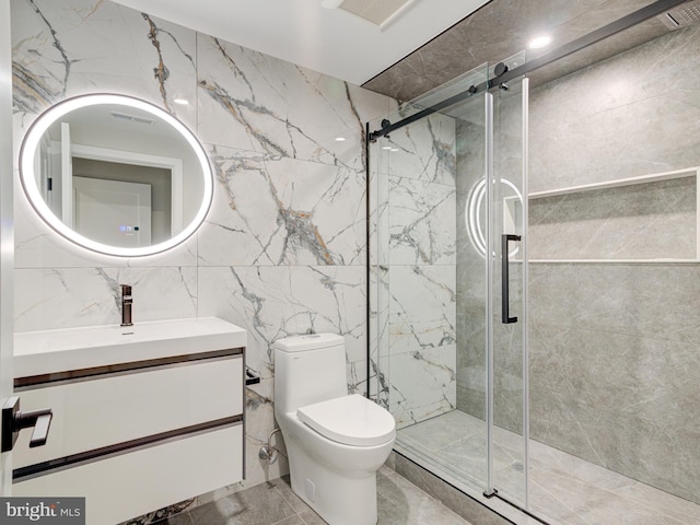 bathroom with vanity, toilet, tile walls, and walk in shower