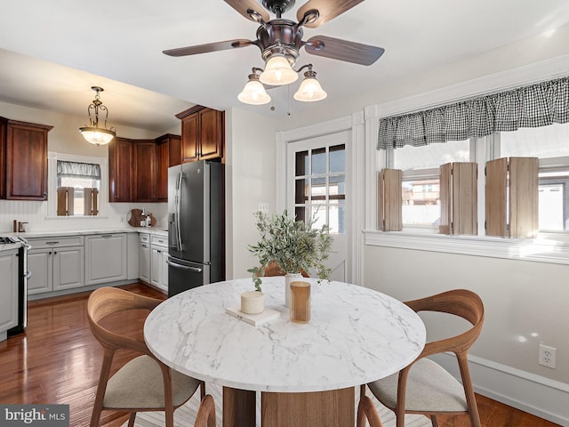 interior space with dark hardwood / wood-style floors, ceiling fan, and a healthy amount of sunlight