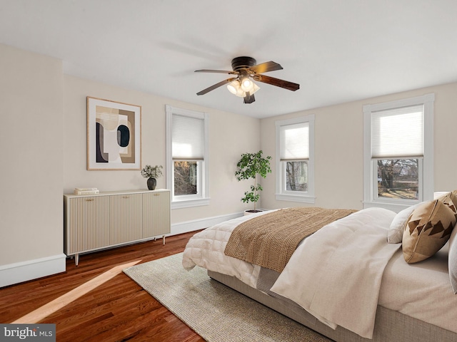 bedroom with hardwood / wood-style flooring, ceiling fan, radiator heating unit, and multiple windows