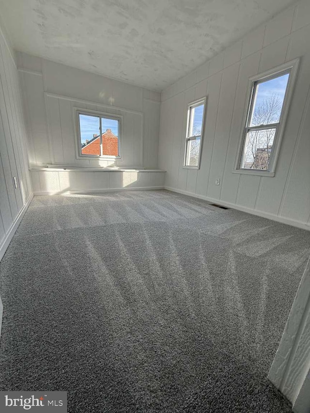 unfurnished room with carpet flooring and a textured ceiling