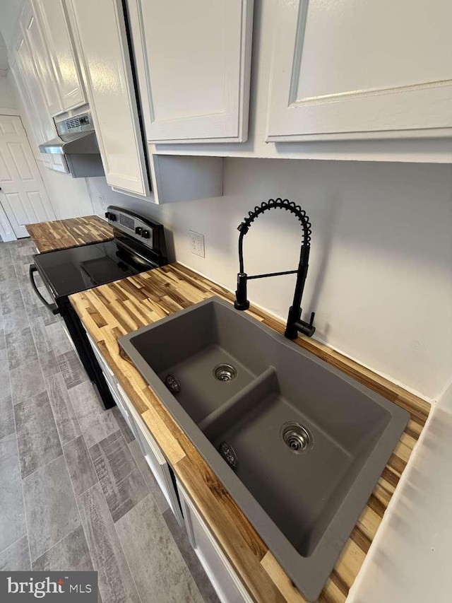 interior details featuring white cabinets and sink