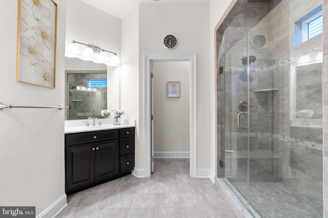 bathroom featuring tile patterned flooring, vanity, and walk in shower