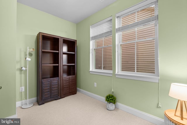 interior space featuring light carpet