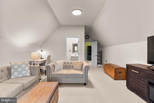 living room with light carpet and lofted ceiling