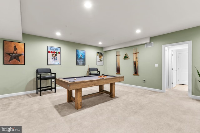 rec room with light colored carpet and billiards