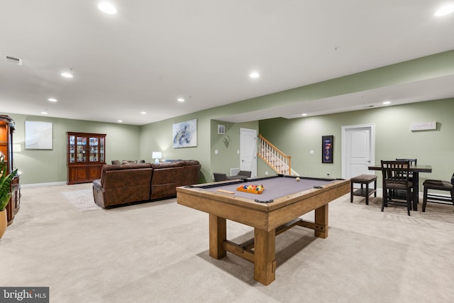 game room with light colored carpet and pool table