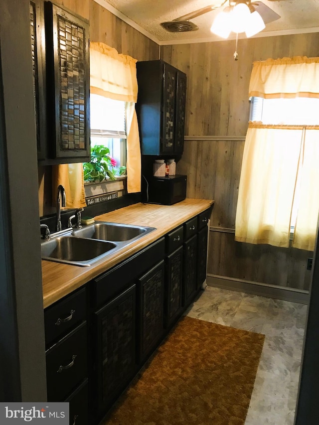 kitchen featuring crown molding, ceiling fan, wooden walls, and sink