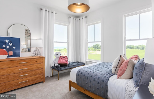 bedroom featuring light carpet