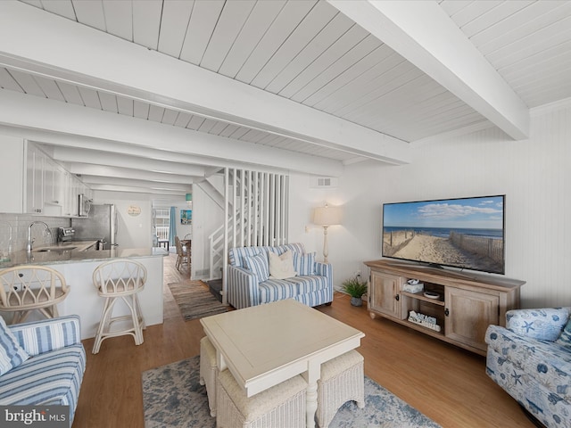 living area with wood ceiling, beam ceiling, visible vents, and wood finished floors