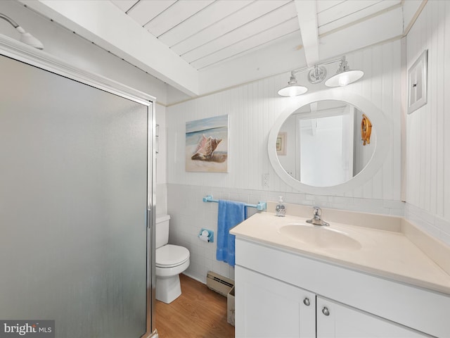 full bath featuring a baseboard heating unit, a stall shower, vanity, wood finished floors, and beamed ceiling