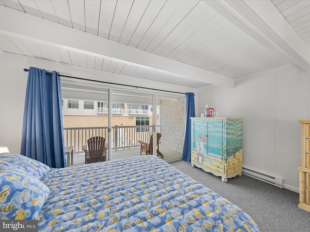 bedroom featuring access to outside, baseboard heating, beam ceiling, and carpet flooring