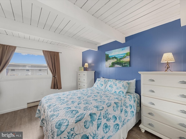 bedroom featuring wood ceiling, a baseboard radiator, dark wood finished floors, and beam ceiling