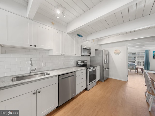 kitchen with decorative backsplash, appliances with stainless steel finishes, white cabinetry, a sink, and beamed ceiling