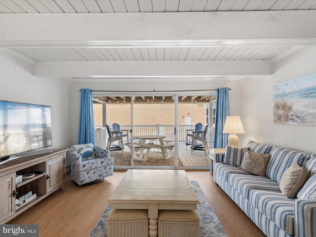 living area featuring wood finished floors and beam ceiling