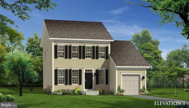 view of front of house with a front yard and a garage