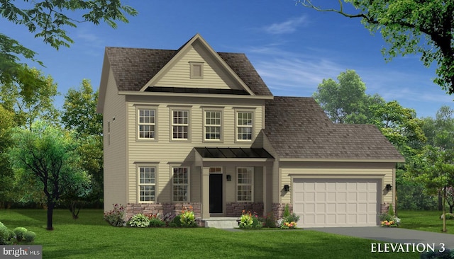 view of front of home featuring a front yard and a garage