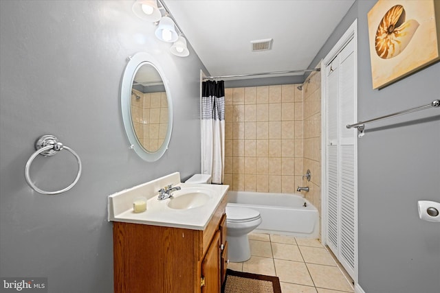 full bathroom with toilet, vanity, shower / bathtub combination with curtain, and tile patterned flooring