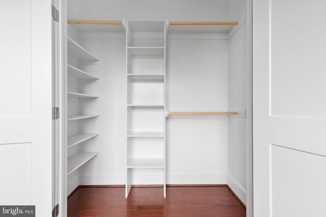 walk in closet with dark wood-type flooring