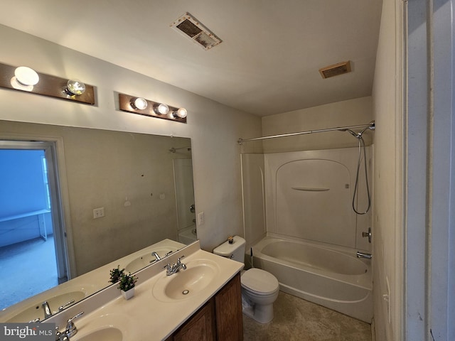 full bathroom featuring vanity, toilet, and shower / washtub combination