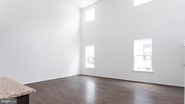 unfurnished living room with dark hardwood / wood-style flooring and a high ceiling