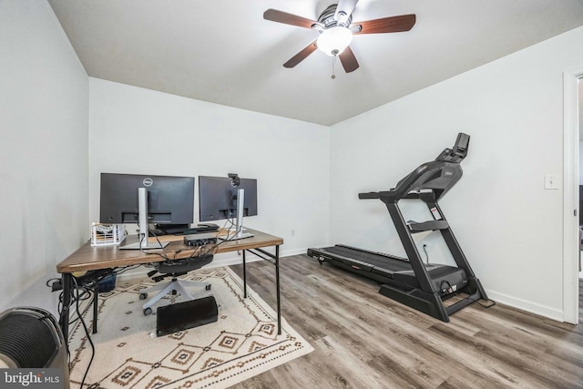 home office with hardwood / wood-style flooring and ceiling fan