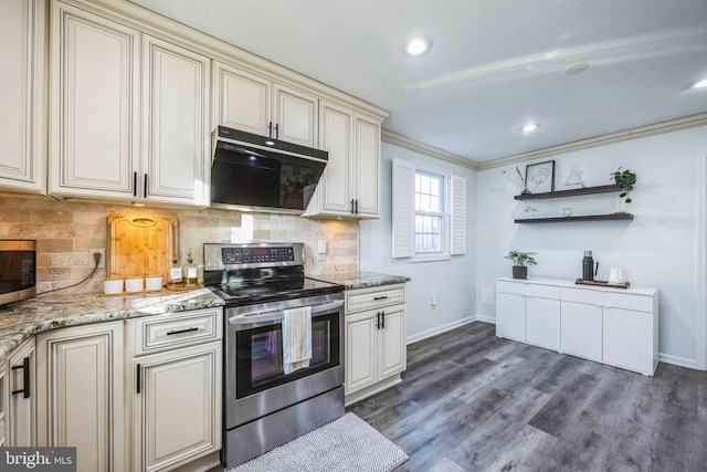 kitchen featuring cream cabinets, ventilation hood, crown molding, appliances with stainless steel finishes, and dark hardwood / wood-style flooring