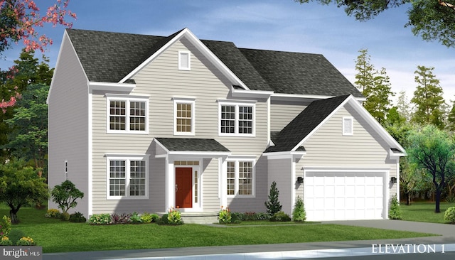 view of front facade with a front yard and a garage