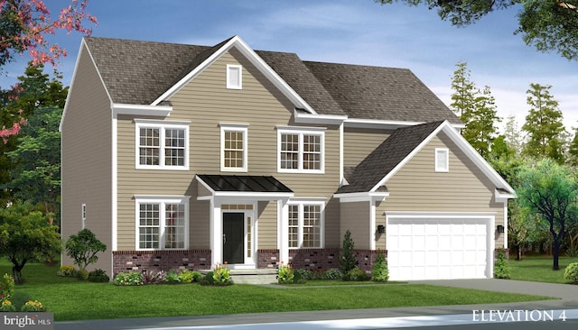 view of front facade with a front yard and a garage