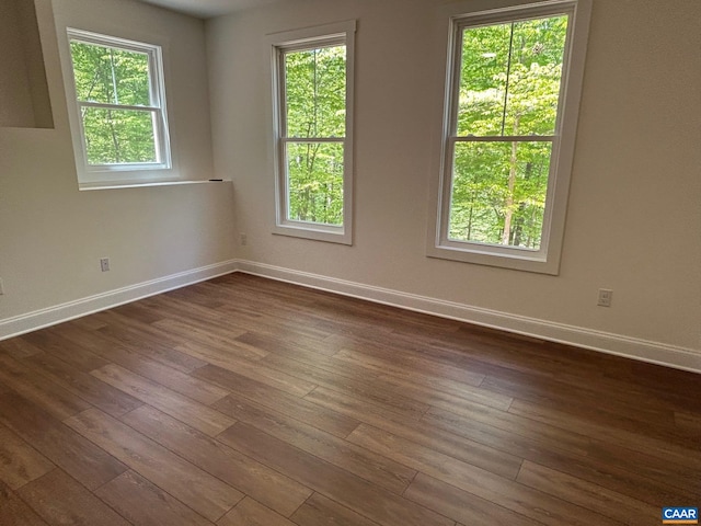 spare room featuring baseboards, plenty of natural light, and dark wood-type flooring