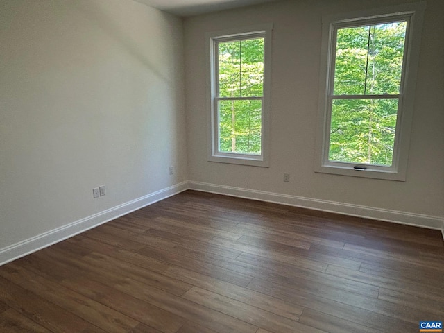 spare room with baseboards, plenty of natural light, and dark wood-style floors