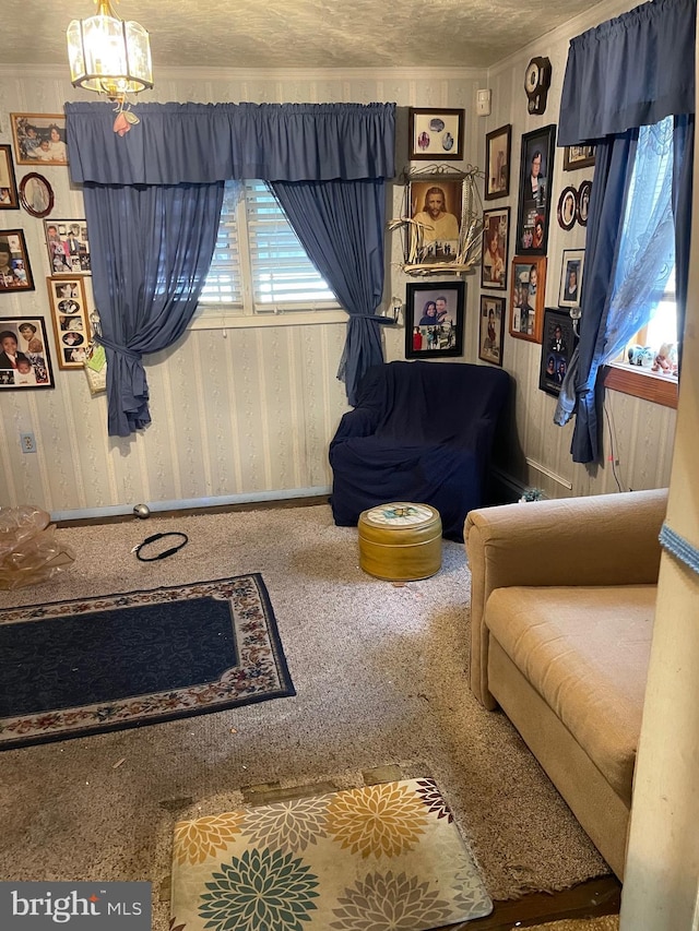 carpeted living room featuring crown molding