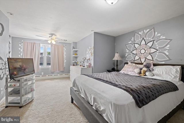 bedroom featuring carpet, ceiling fan, and a baseboard heating unit