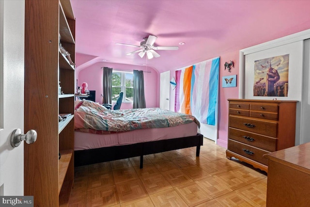 bedroom with parquet flooring and ceiling fan