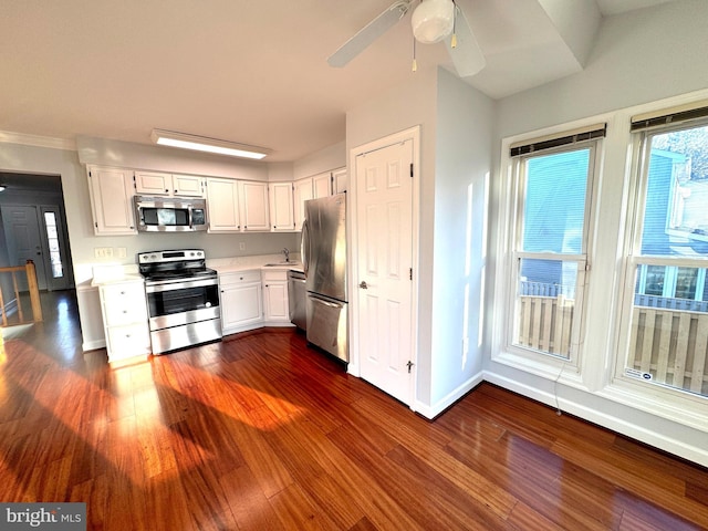 kitchen with white cabinetry, sink, ceiling fan, dark wood-type flooring, and appliances with stainless steel finishes