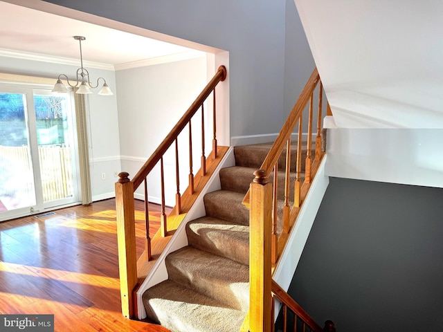 stairs with wood-type flooring, an inviting chandelier, and ornamental molding