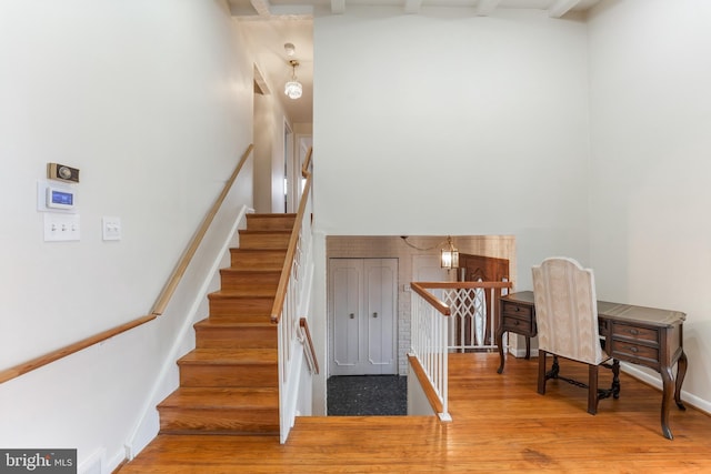 stairs featuring an inviting chandelier and hardwood / wood-style floors