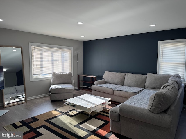 living room with dark hardwood / wood-style flooring