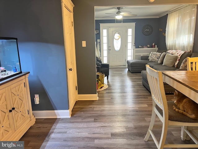 foyer featuring dark hardwood / wood-style floors, ceiling fan, and ornamental molding