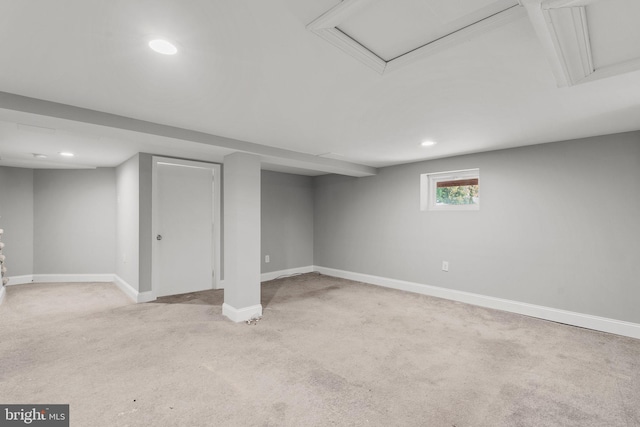 basement with light colored carpet