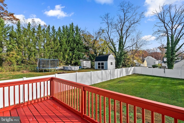 wooden deck featuring a storage unit, a trampoline, and a yard