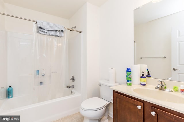 full bathroom featuring toilet, shower / tub combo, vanity, and tile patterned floors