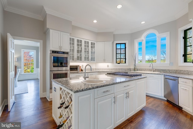 kitchen with white cabinetry, sink, light stone counters, an island with sink, and appliances with stainless steel finishes