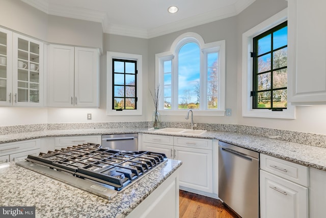 kitchen with appliances with stainless steel finishes, light stone counters, white cabinetry, and sink