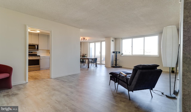 living room with light hardwood / wood-style flooring and a textured ceiling