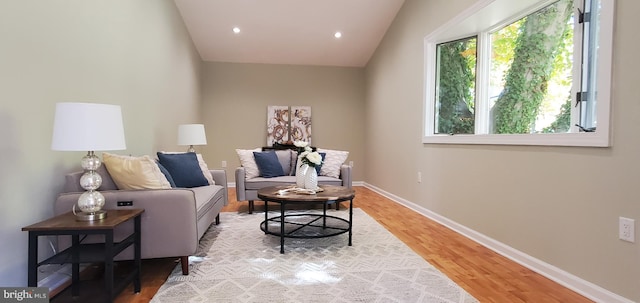 sitting room with wood-type flooring and vaulted ceiling