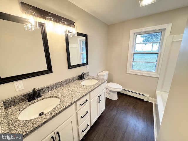 bathroom featuring hardwood / wood-style floors, vanity, toilet, and baseboard heating