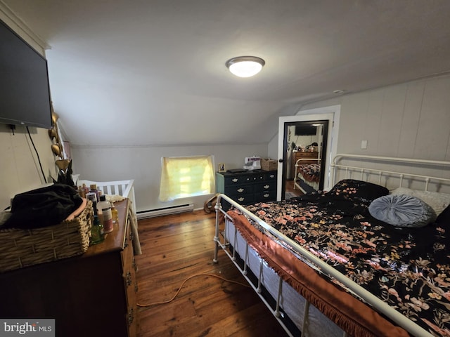 bedroom with baseboard heating, dark hardwood / wood-style flooring, and lofted ceiling